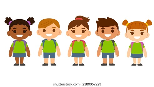 Cute cartoon diverse children wearing school uniform with backpacks. Different nationalities.