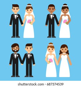 Cute Cartoon Diverse Wedding Couples Set. Caucasian And Black, Mixed Race And Gay Brides And Grooms. Equal Marriage Concept Vector Illustration.