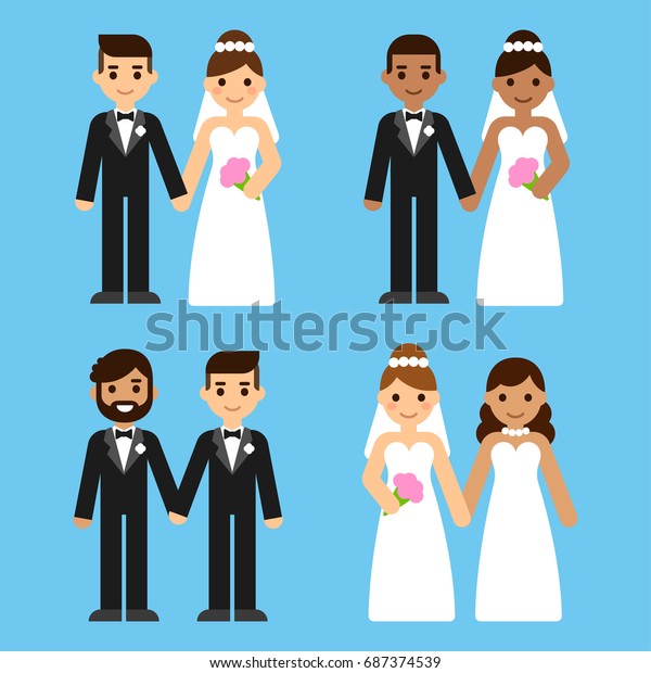 カワイイ漫画の多様な結婚式のカップルセット 白人と黒人 混血種 ゲイの花嫁とグルーム 同じ結婚のコンセプトのベクターイラスト のベクター画像素材 ロイヤリティフリー