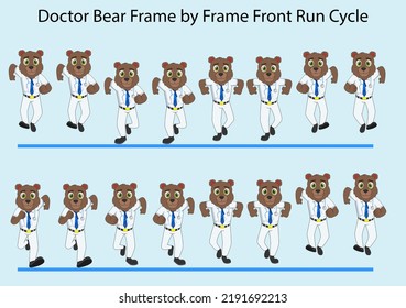 Cute Cartoon Doctor Bear Front Run Cycle Frame By Frame With Blue Background. Designed For 2D Animation, Motion Graphics, Infographics, Animated Posters