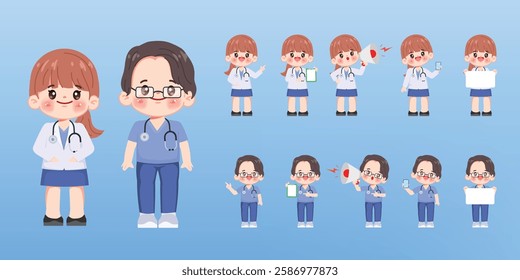 Cute cartoon doctor man and doctor woman character design. premium vector.