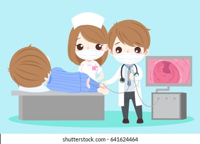 cute cartoon doctor and patient with intestine health concept