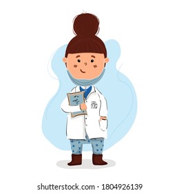 Cute cartoon doctor show something to you. Vector illustration isolated on white background.