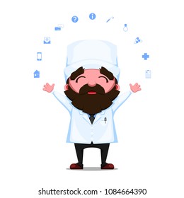 Cute cartoon doctor standing in white lab coat. Joyful health worker with icons. Vector illustration.