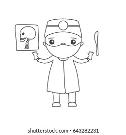 Cute cartoon doctor - surgeon in linear style with x-ray of the skull and scalpel. Kawaii character for your design - vector illustration of coloring