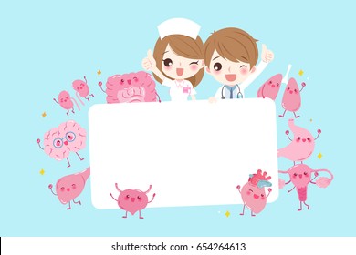 cute cartoon doctor take billboard with organ on the blue background