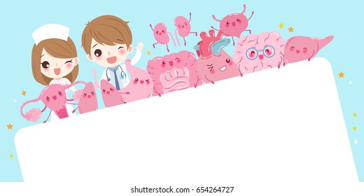 cute cartoon doctor take billboard with organ on the blue background