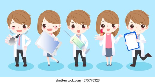 cute cartoon doctor take different tools and smile happily