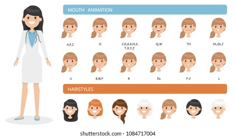Cute cartoon doctor woman character set isolated on a white background. Collection of emotions and hairstyles. Mouth animation. Simple design. Flat style vector illustration.
