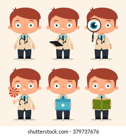 Cute Cartoon Doctors Holding Different Objects. Vector Set