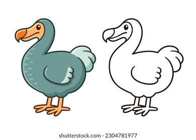 Cute cartoon dodo bird drawing. Color and black and white outline for coloring. Funny vector clip art illustration.