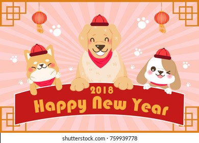 cute cartoon dog with 2018 year on the yellow background