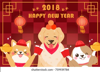 cute cartoon dog with 2018 year on the yellow background