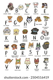 Cute cartoon dog alphabet set. Hand drawn vector illustration of English alphabet.