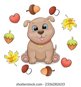 Cute cartoon dog in autumn frame. Vector illustration of an animal with hearts, leaves, mushrooms, nuts and acorns on a white background.