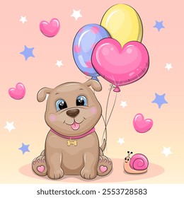 Cute cartoon dog with balloons and snail. Vector illustration of an animal on a pink background with hearts and stars.