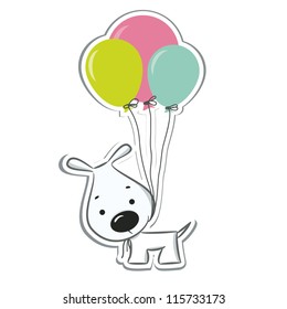 Cute cartoon dog with balloons. Sticker. Vector illustration