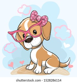 Cute Cartoon Dog Beagle With A Bow And Glasses On A Meadow