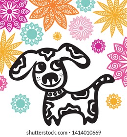 Cute cartoon dog and beautiful floral background. Vector illustration