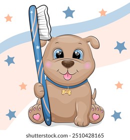 A cute cartoon dog with a big toothbrush. Vector illustration of an animal on a white background with stars.