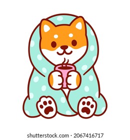 Cute cartoon dog with blanket and cup of hot tea. Kawaii Shiba Inu puppy in warm cozy blanket. Isolated vector clip art illustration.