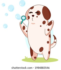 Cute cartoon dog blow bubbles, brown dalmatian, vector illustration