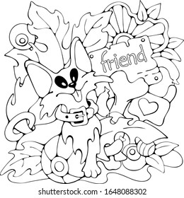Cute cartoon Dog with bone and toys, happy friendship vector doodle stock illustration, black and white isolated print for poster, greeting / invitation card, coloring book, t-shirt, fabric or logo