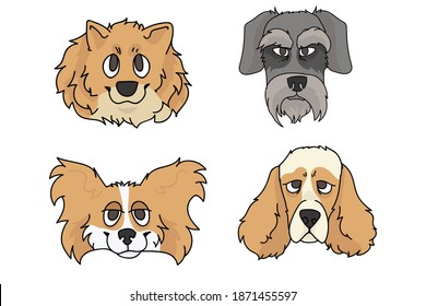 Cute cartoon dog breed set vector. Pedigree kennel spitz, papillon and schnauzer for dog lovers. Purebred cocker spaniel illustration. Isolated hunting hound. 