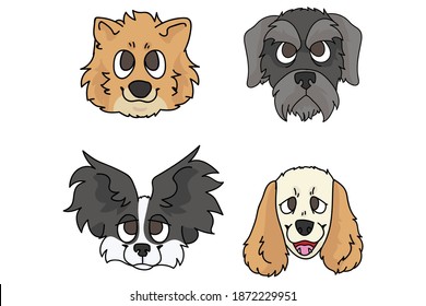 Cute cartoon dog breed set vector. Pedigree kennel spitz, papillon and schnauzer for dog lovers. Purebred cocker spaniel illustration. Isolated hunting hound. 