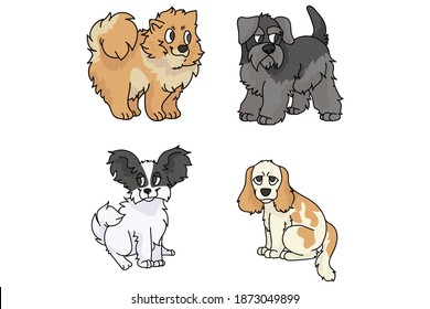 Cute cartoon dog breed set vector. Pedigree kennel spitz, papillon and schnauzer for dog lovers. Purebred cocker spaniel illustration. Isolated hunting hound. 