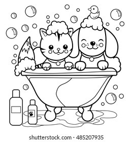 Cute cartoon dog and cat in a bath tub taking a bubble bath. Puppy and kitty pets at the grooming salon. Vector black and white coloring page.