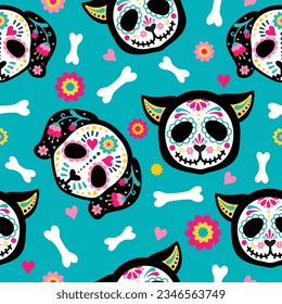 Cute cartoon dog and cat bright seamless pattern.  Skeleton cats, dog and flowers. Muertos pattern with skull. Floral skull face. Mexico day dead holiday. Vector illustration