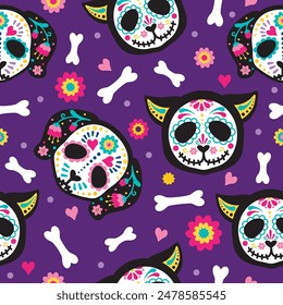 Cute cartoon dog and cat bright seamless pattern.  Skeleton cats, dog and flowers. Muertos pattern with skull. Floral skull face. Mexico day dead holiday. Vector illustration