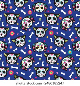 Cute cartoon dog and cat bright seamless pattern.  Skeleton cats, dog and flowers. Muertos pattern with skull. Floral skull face. Mexico day dead holiday. Vector illustration