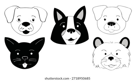 Cute cartoon dog and cat faces in black and white