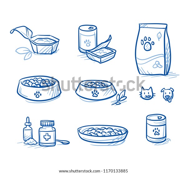 Cute cartoon dog  and cat food set. With feeding dish, food tin and box, and supplement icons. Hand drawn doodle vector illustration.