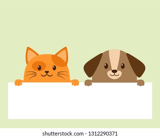 Cute cartoon dog and cat are holding an empty sign with place for your text