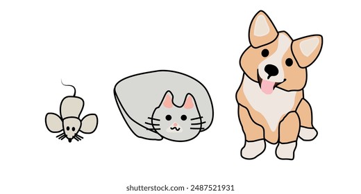 cute cartoon dog, cat, and mouse