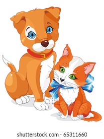 A cute cartoon dog and cat. Puppy and Kitten being friends. Clipart vector illustration.