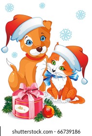 A cute cartoon dog and cat. Puppy and Kitten in hat as Santa Claus. Clipart vector illustration.