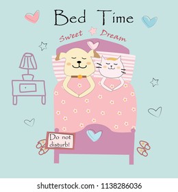 cute cartoon a dog and  cat are sleeping on the bed, with bed time and sweet dream lettering, illustration vector by freehand doodle comic art.