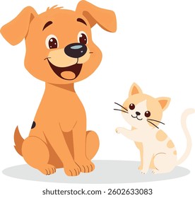 Cute Cartoon Dog and Cat Together – Friendly Puppy and Kitten Vector Illustration