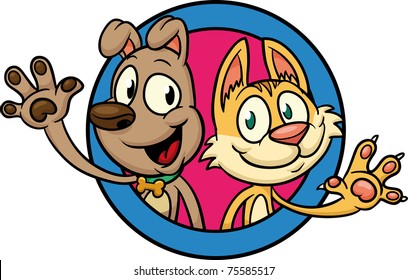 Cute cartoon dog and cat waving. All in a single layer.