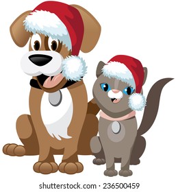 Cute cartoon dog and cat wearing Santa hats EPS 10 vector illustration