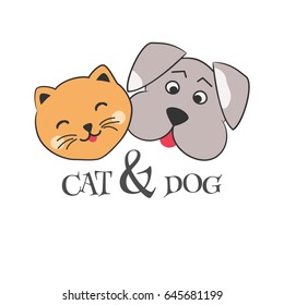 Cute cartoon dog and cat.Kitten and puppy sitting.Logo,emblem for Pet shop.