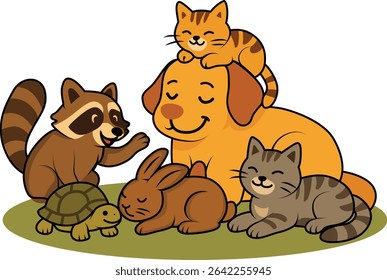 A cute cartoon of a dog, cats, bunny, raccoon, and tortoise resting together. Perfect for kids’ content, animal themes, posters, and designs that promote love, peace, and friendship.