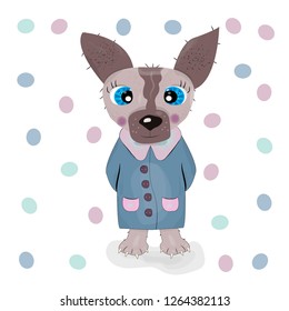 Cute cartoon dog character in the blue coat. Vector illustration.