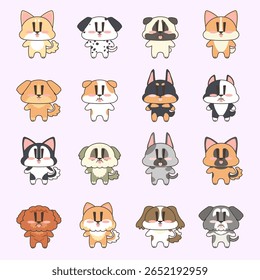 Cute cartoon dog character collection in various breeds and colors. Perfect for kids, stickers, pet-themed designs, or animal lovers. Flat vector illustration on pastel background.