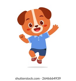 Personagem de cachorro de desenhos animados bonito saltando alegremente com expressão alegre em camisa azul e shorts