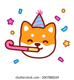 Cute cartoon dog character with party hat blowing party horn. New Year celebration, Happy Birthday, Congratulations greeting card. Kawaii Shiba Inu puppy vector illustration.